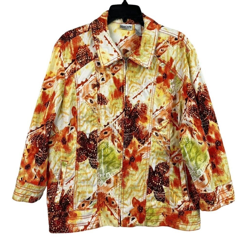 Chicos Womens Denim Jacket Stretch Orange Floral Full Zip Pockets Size 3